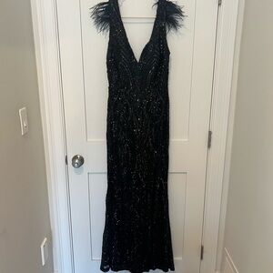 Black Evening Gown with Feather Details